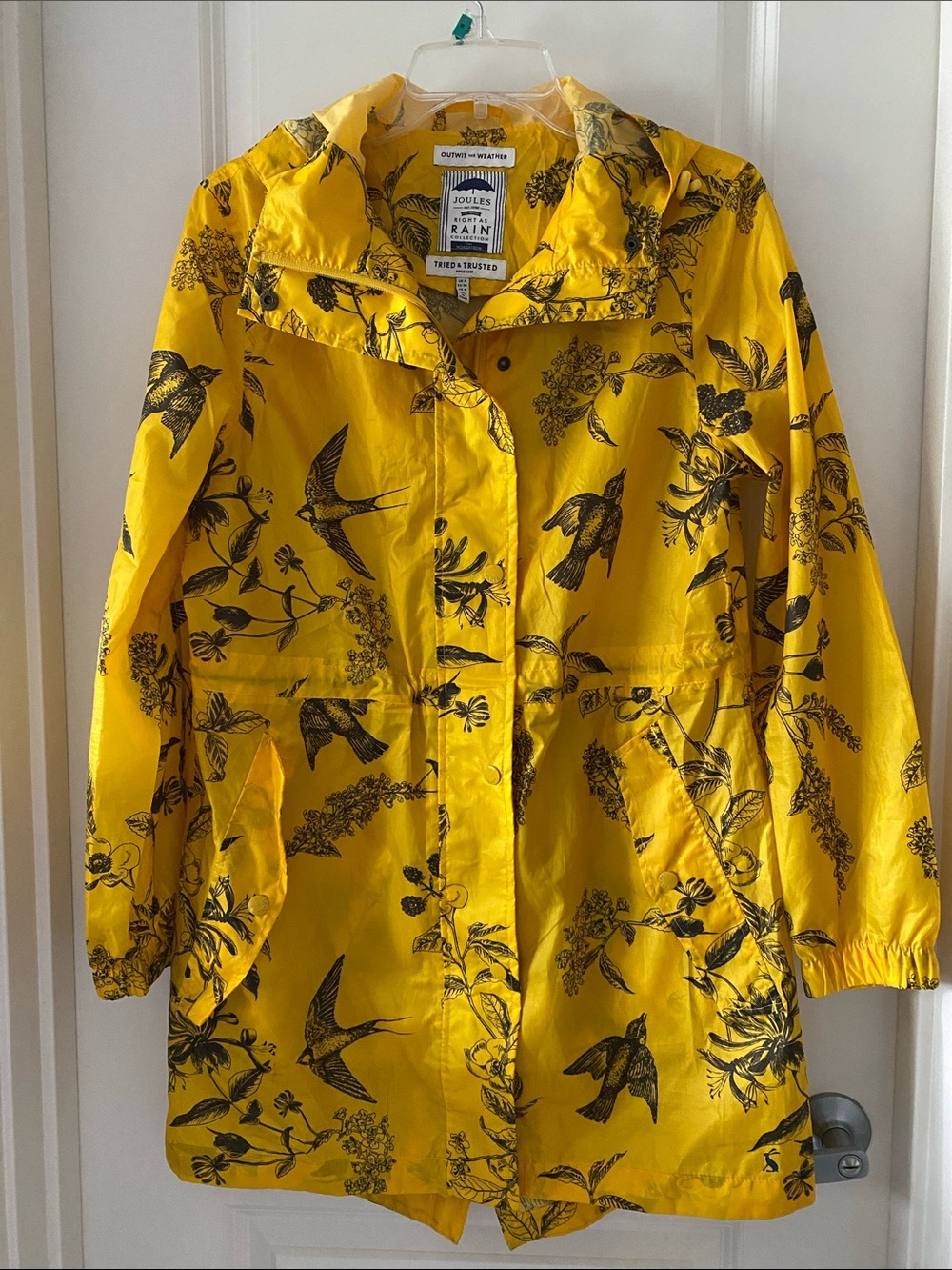 Joules Yellow Raincoat with Black Bird & Floral Print